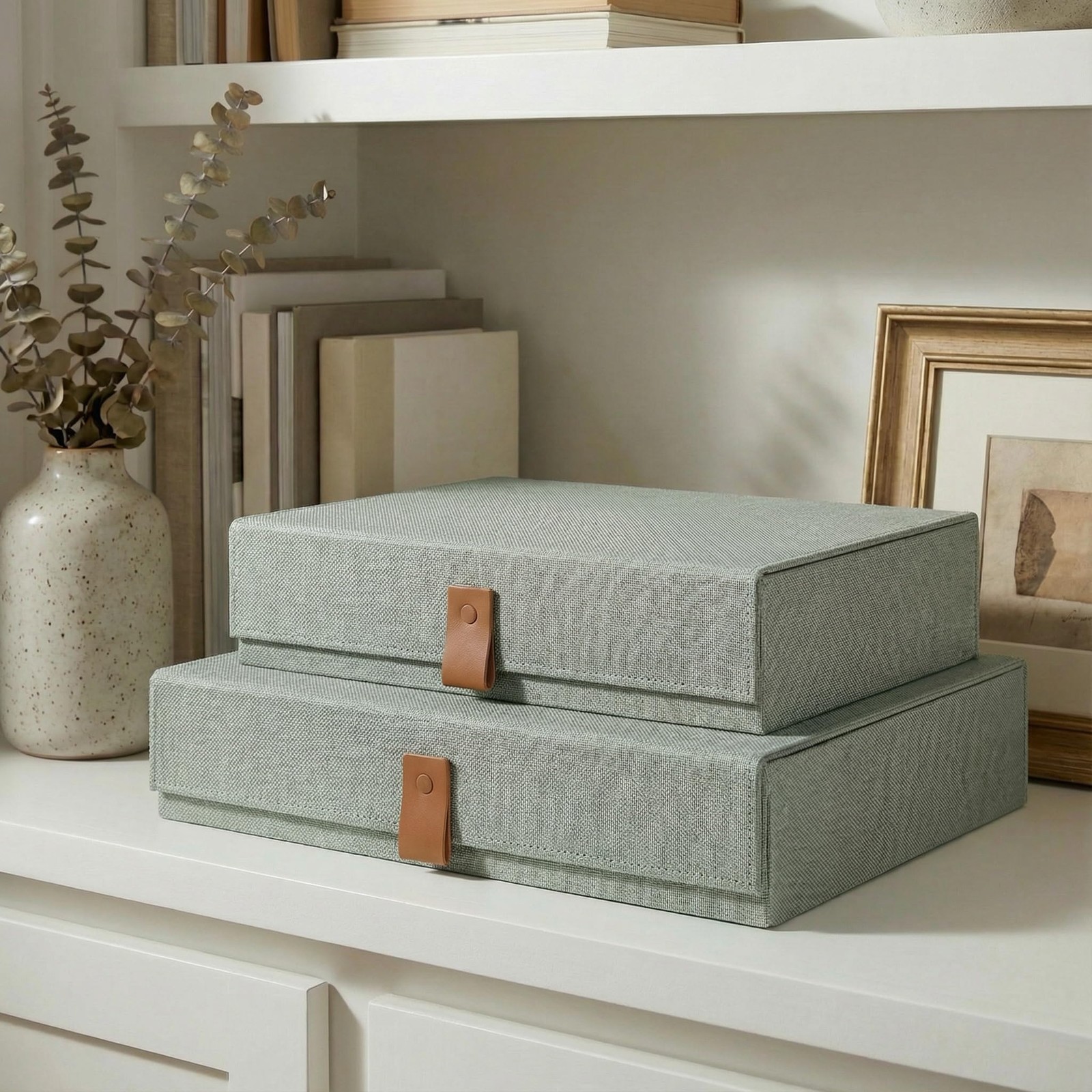 ZICOTO Decorative Linen Photo Storage Boxes with Lids, Set of 2