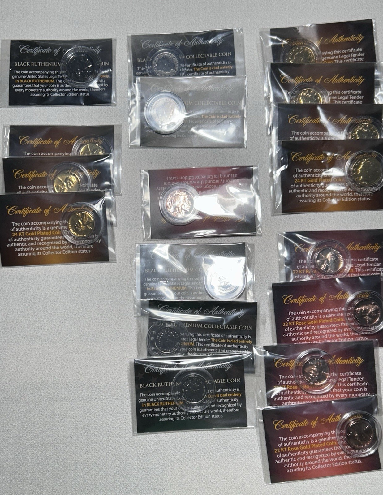 18x INDIAN HEAD & V NICKELS 24KT GOLD, 22KT ROSE GOLD & RUTHENIUM PLATED