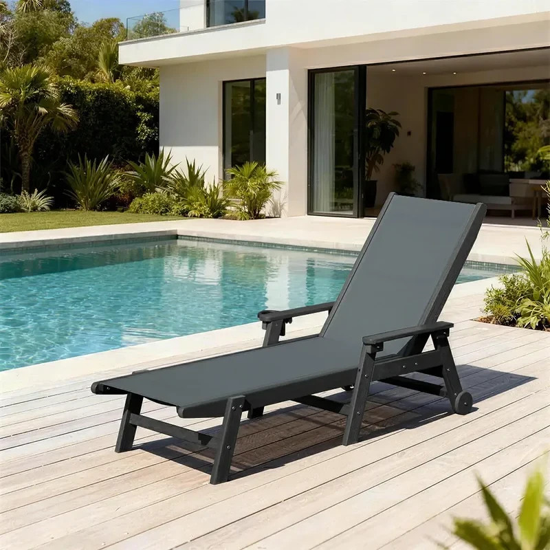 Domi Outdoor HDPE Chaise Lounge w/Arms,Reclining Backrest for Patio,Dark Gray