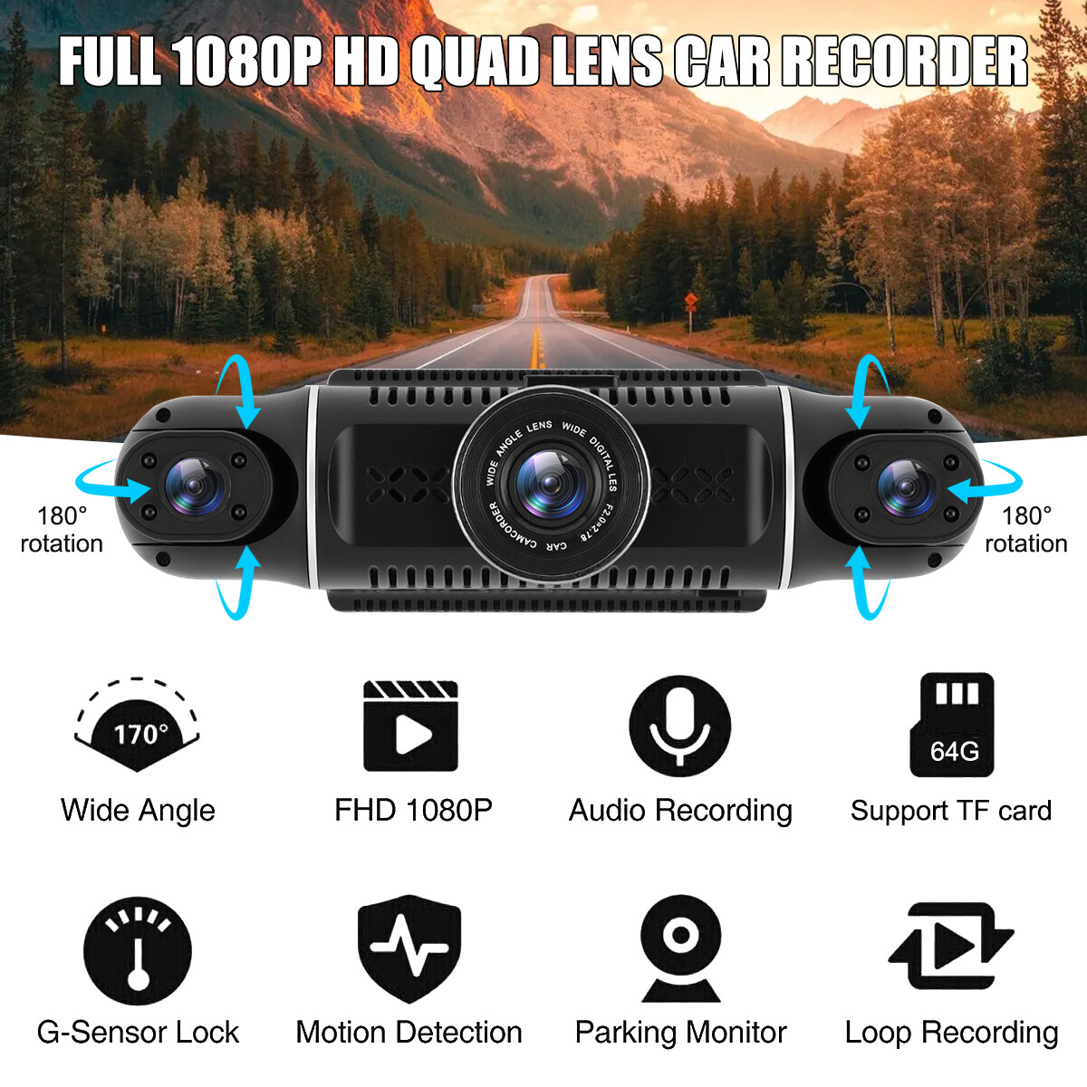 4 Channel Car Dash Cam HD 1080P WiFi DVR Video Driving Recorder Night Vision NEW