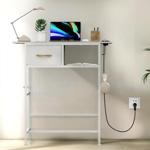 Compact Makeup Desk with Charging Station, Small Vanity Table & Drawer, White