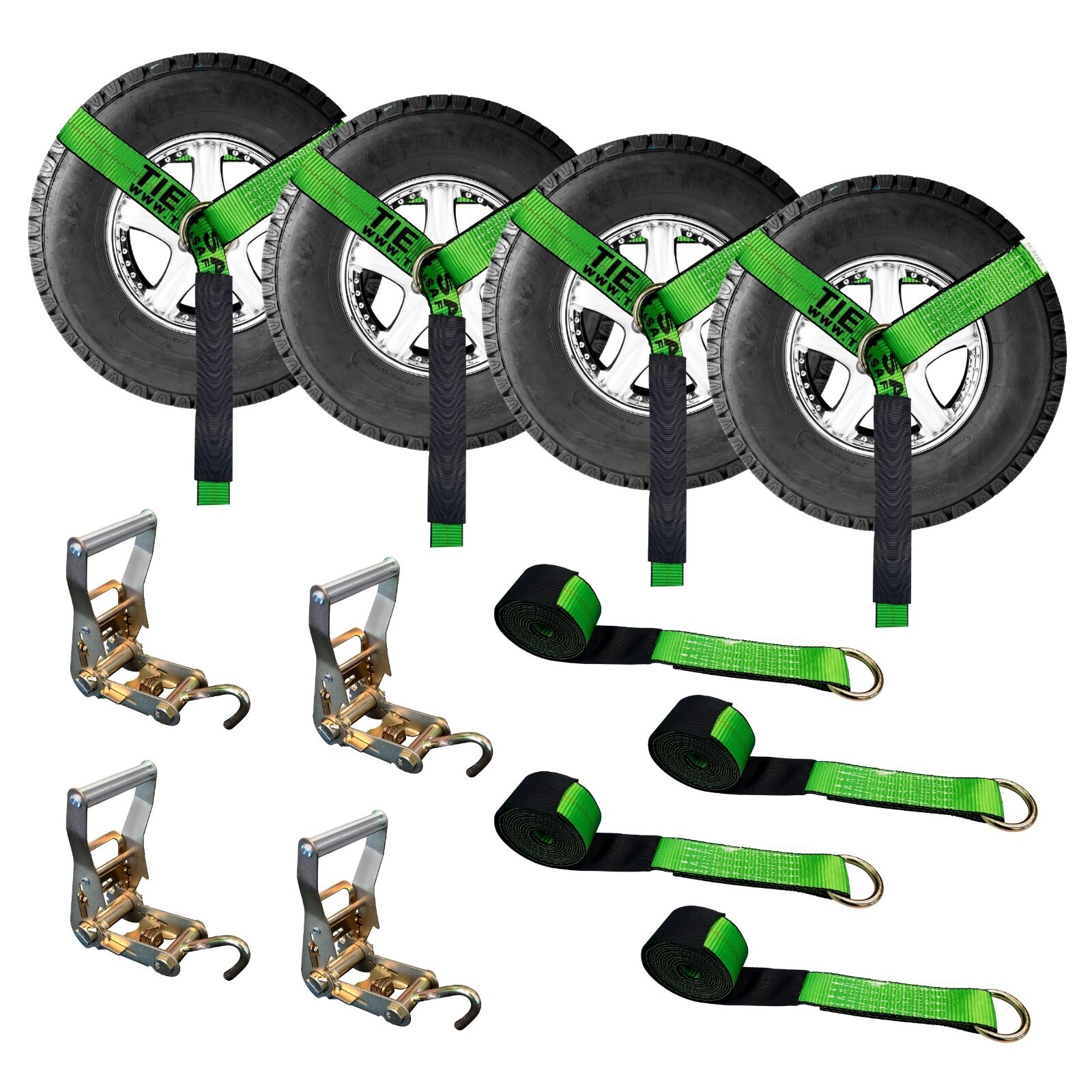 4 Pack 2" x 10' Lasso Wheel Lift Strap Ratchet w/ J Finger Hook Towing Green