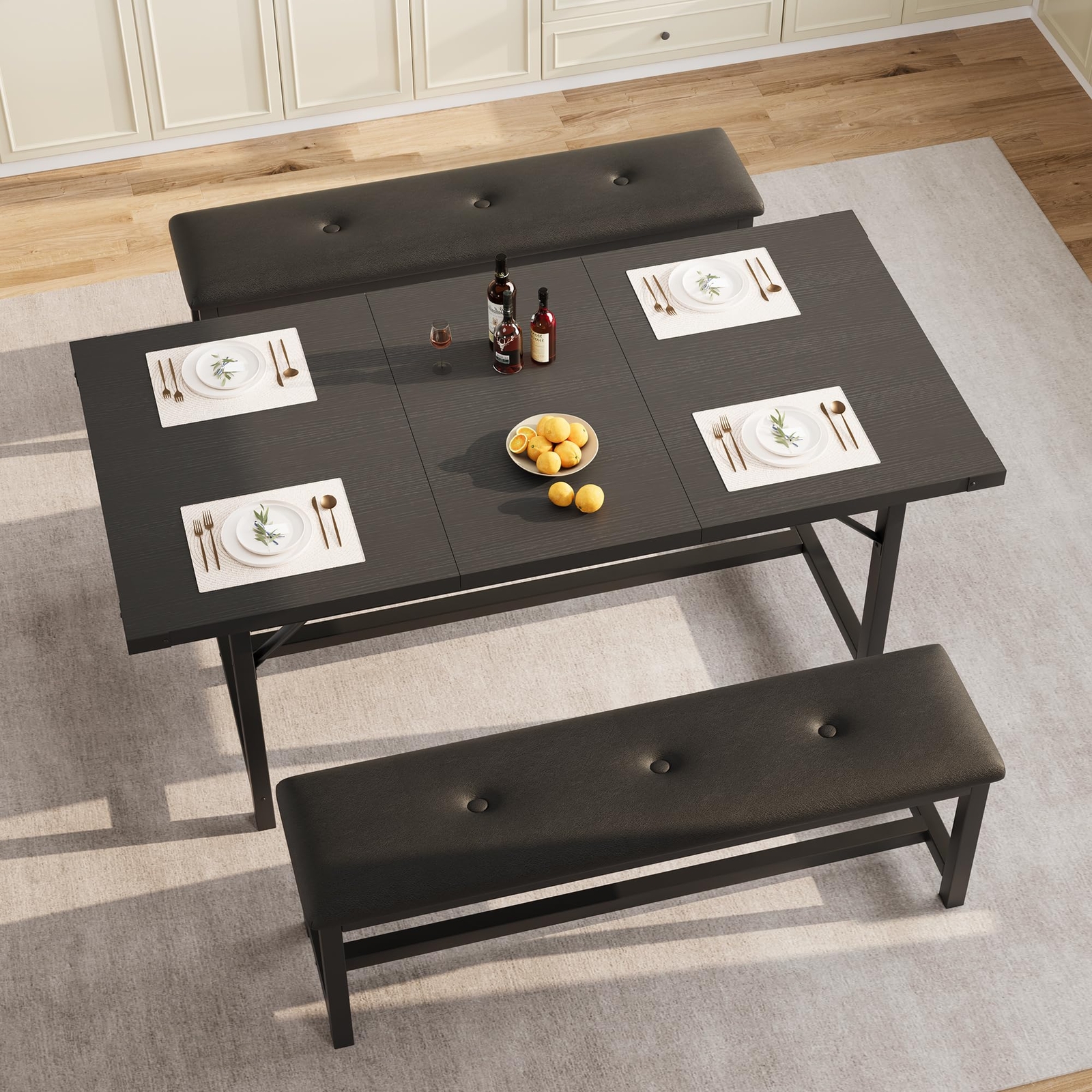 3pcs Dining Table Set ,Extendable Kitchen Table and 2 Upholstered Benches Dinner