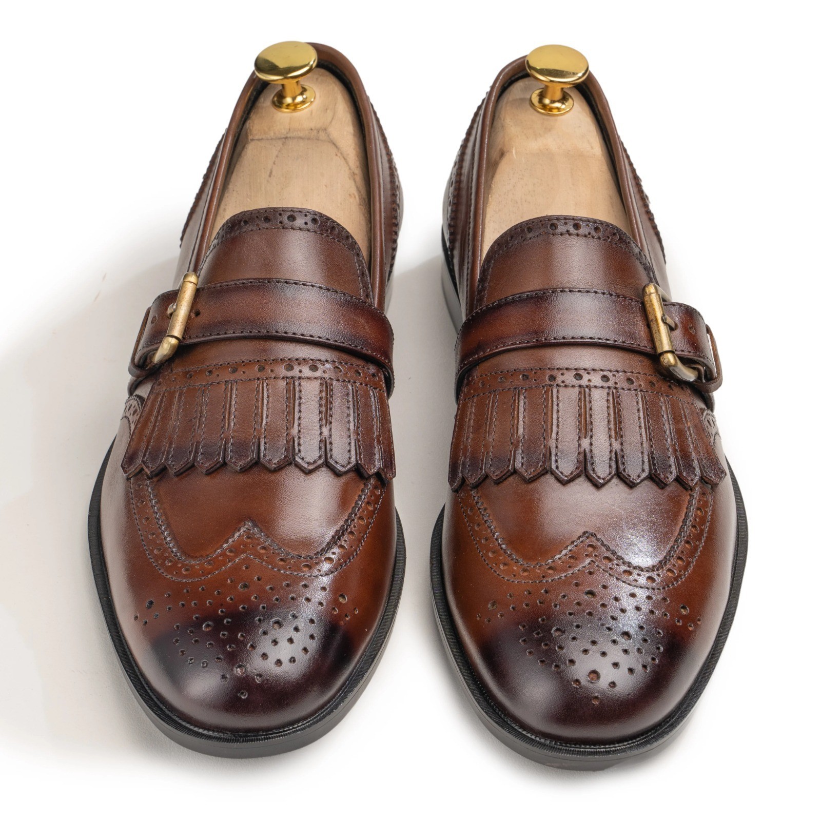 Handmade Men Brown Monk Shoes With Fringes, Classic Brown Business Shoes