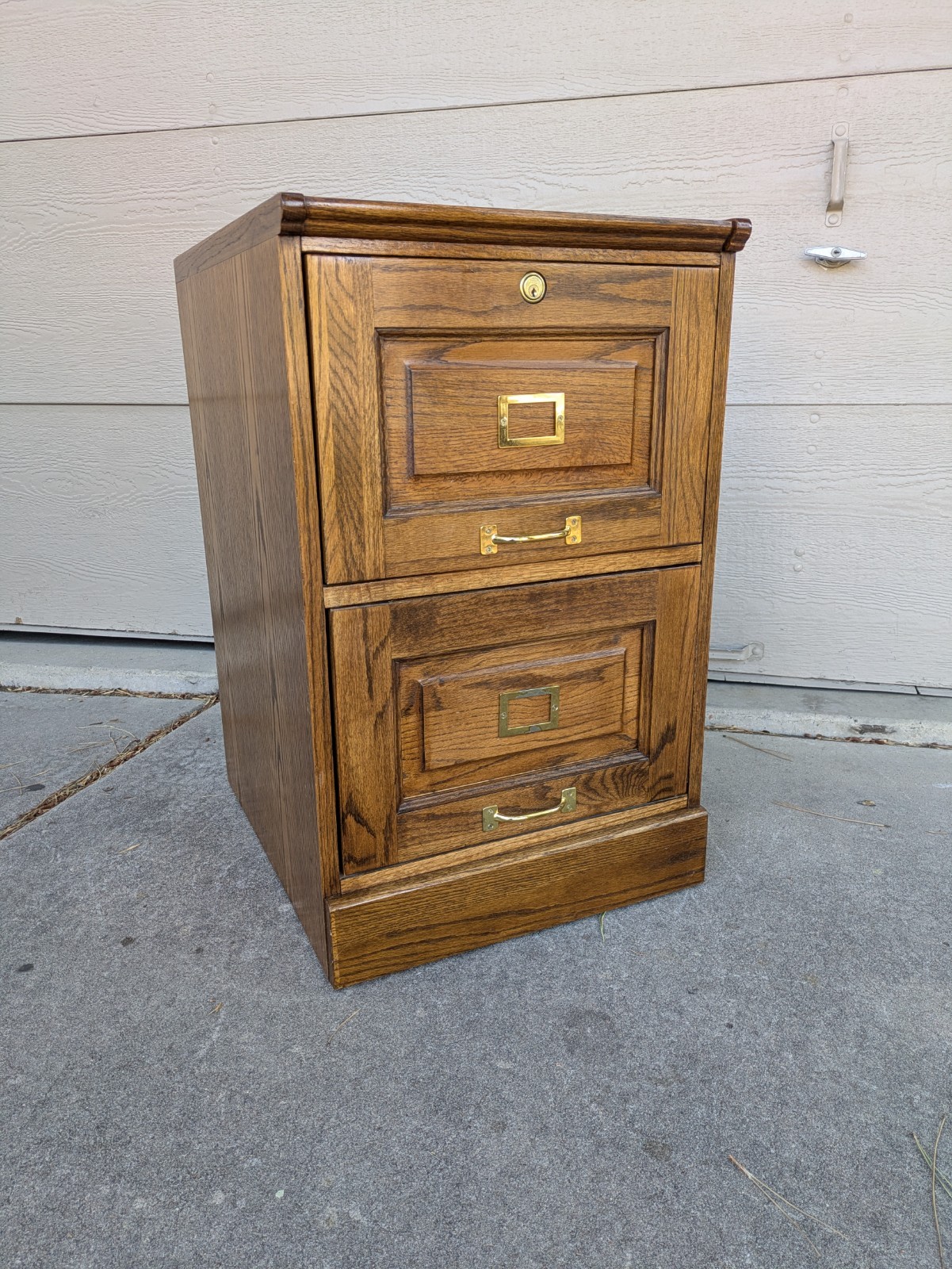 Vintage Industrial Mission Style Oak Wood File Cabinet 2 Drawer Brass G47