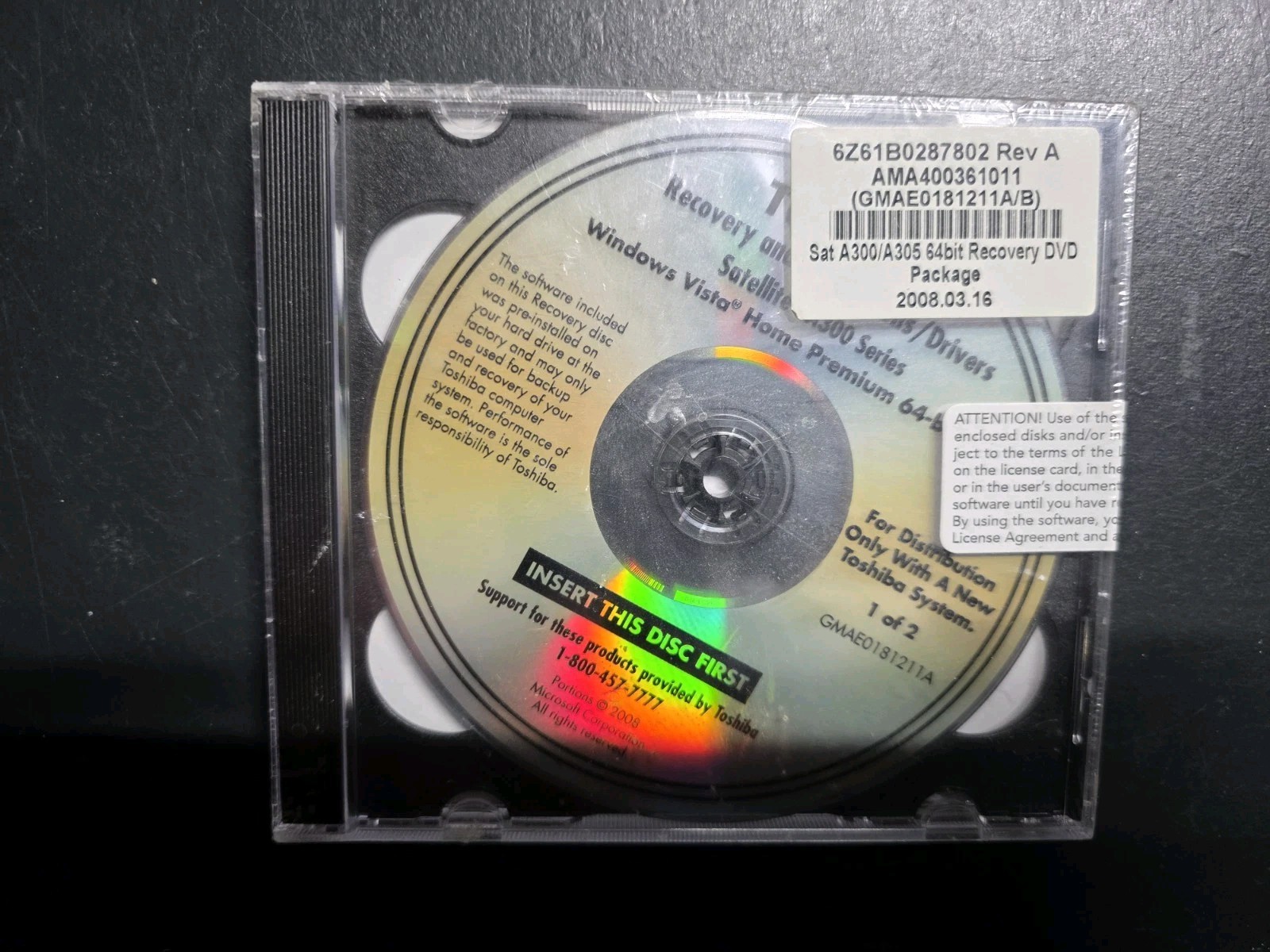 Toshiba Satellite A300 A305 64 Bit Recovery DVD Package New Windows Vista Home