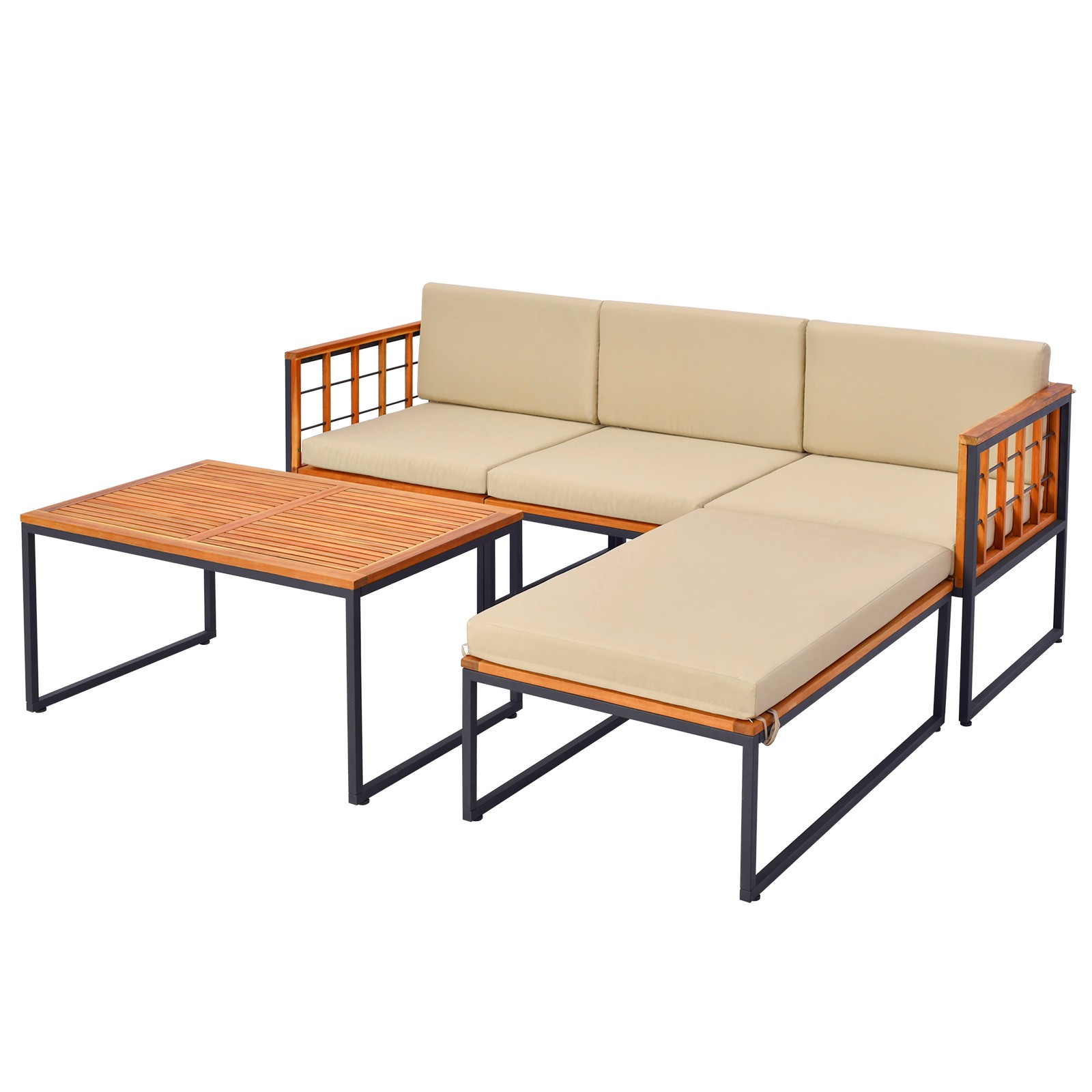 5PCS Furniture Set Acacia Wood Sectional Set with Seat & Back Cushions Patio