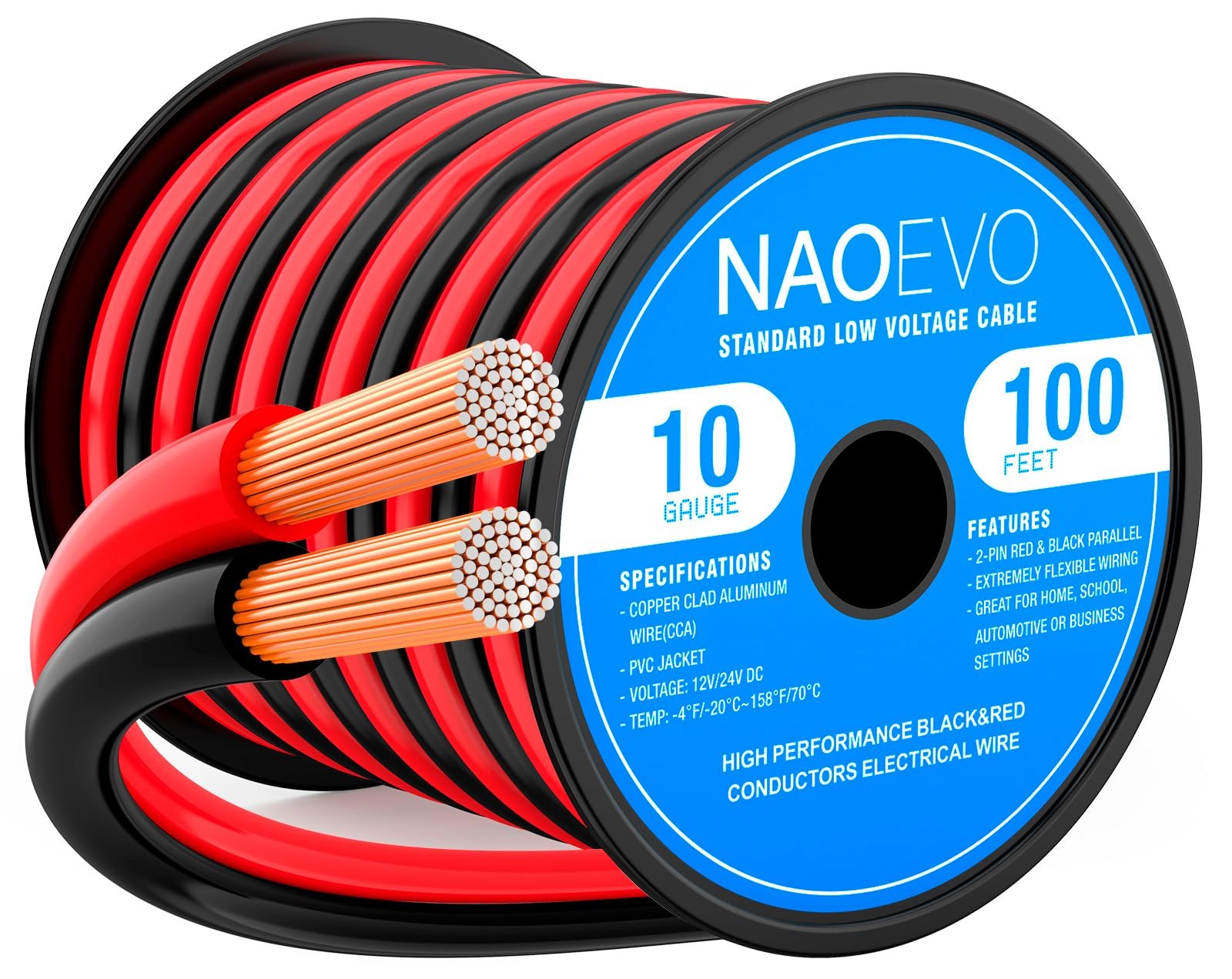 NAOEVO 10 Gauge Wire 100FT, 2 Conductors Electrical Red 100ft, 10AWG