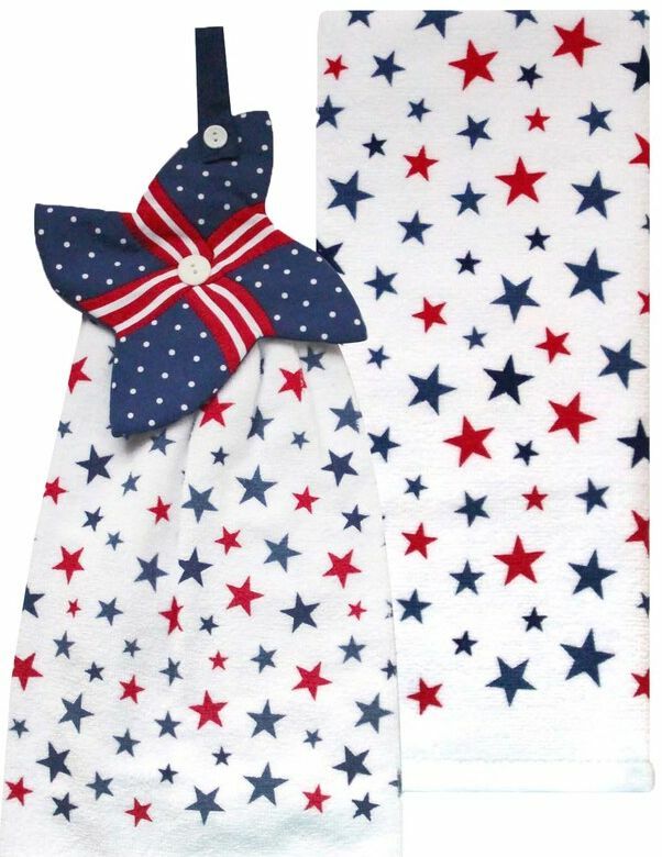 2 DIFFERENT PRINTED TERRY TOWELS (16.5"x26")AMERICAN PATRIOTIC PINWHEEL STARS,KO