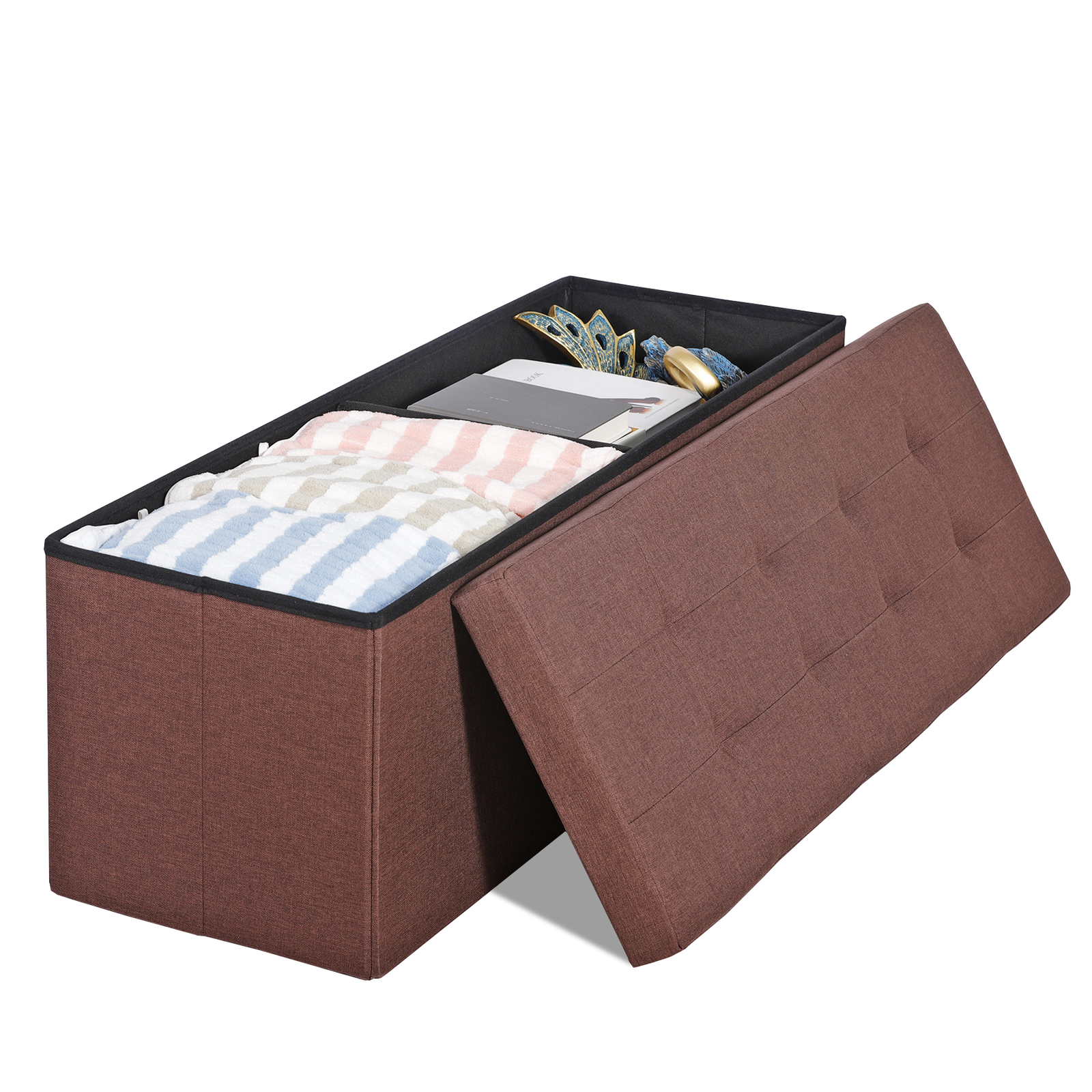 43" Folding Ottoman Bench Storage Organizer Chest Footrest Stool W/Divider Brown