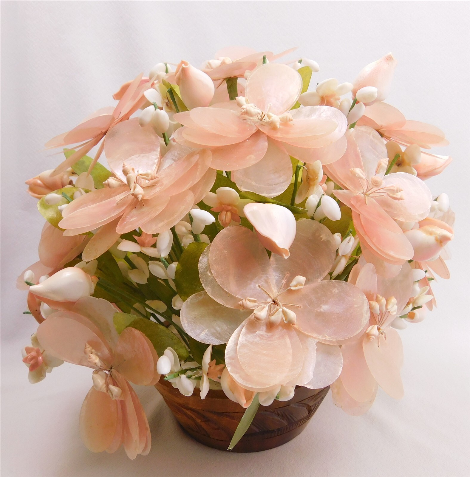 Vintage Capiz Shell Pink Accent Flower Bouquet in Wood Planter HAWAII