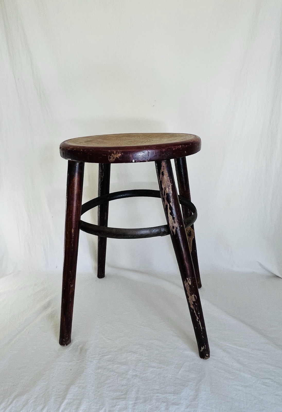 Vintage Rustic Wooden Stool With Metal Accents and Floral Seat Country Style