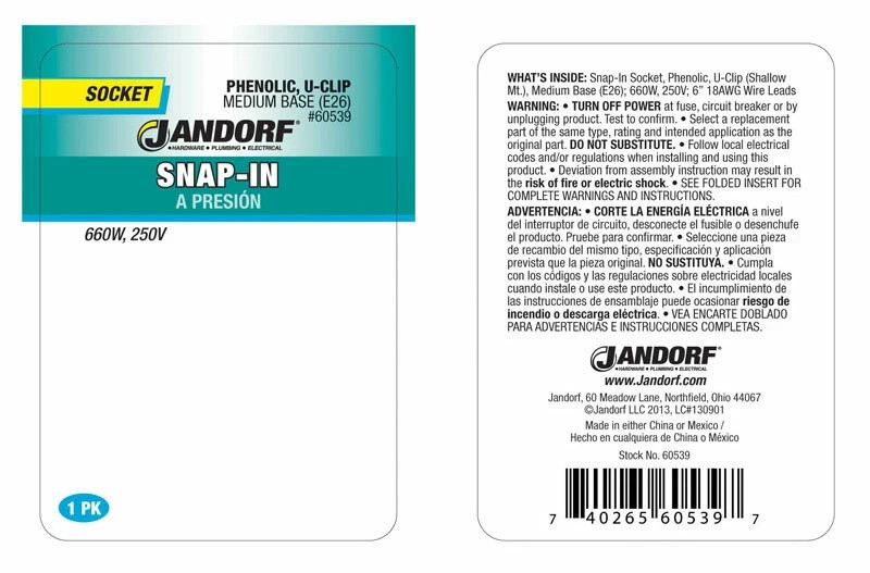 Jandorf SNAP-IN Phenolic Medium Base (E26) U-Clip SOCKET 1pk Shallow Mount 60539