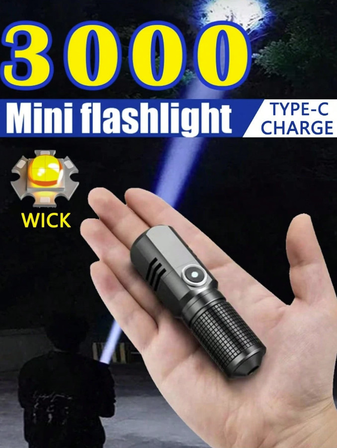 1pc Mini LED Flashlight: XHP70 Rechargeable Torch w/ Built-in Battery - NEW