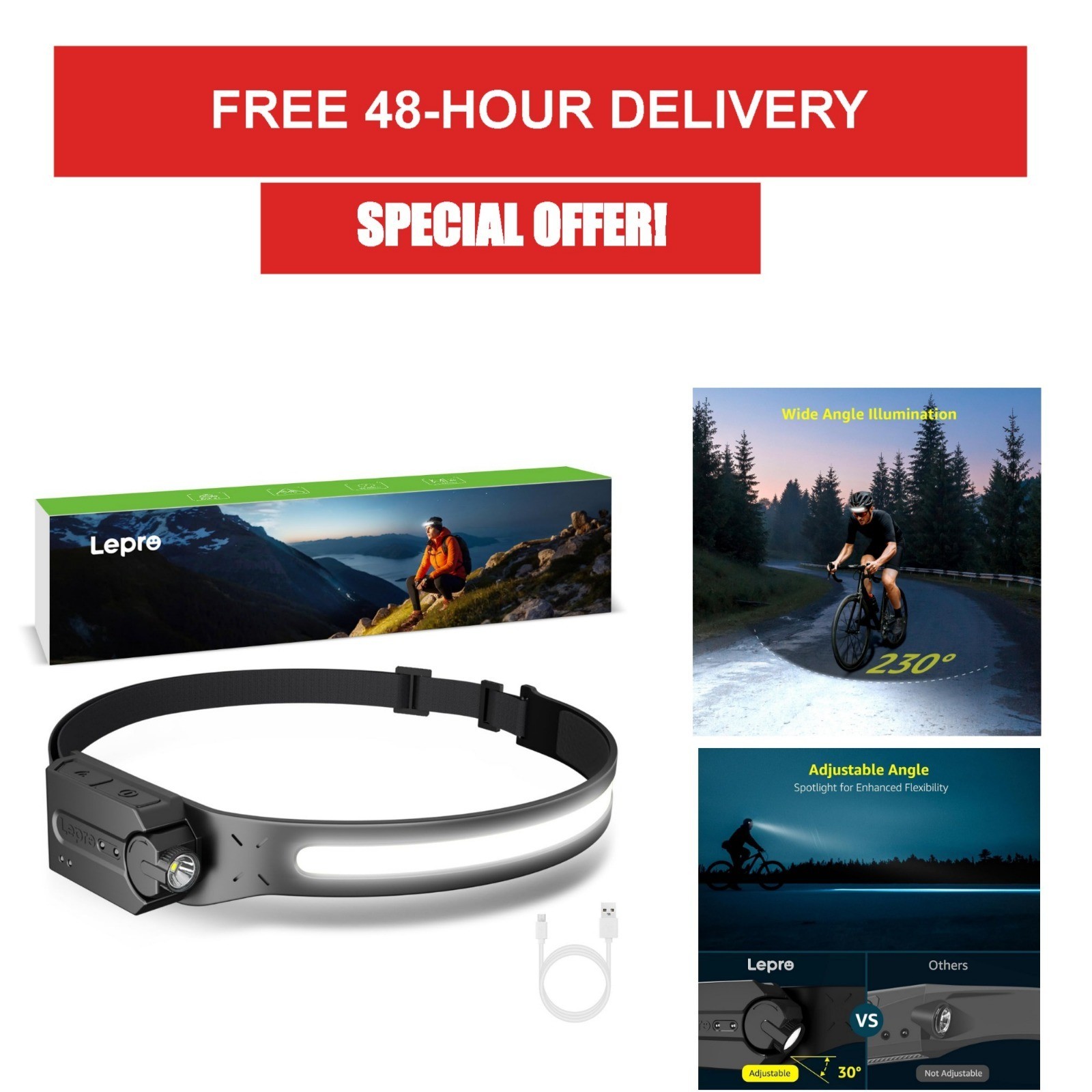 Lepro Headlamp - Rechargeable LED with 230° Wide Beam & Motion Sensor