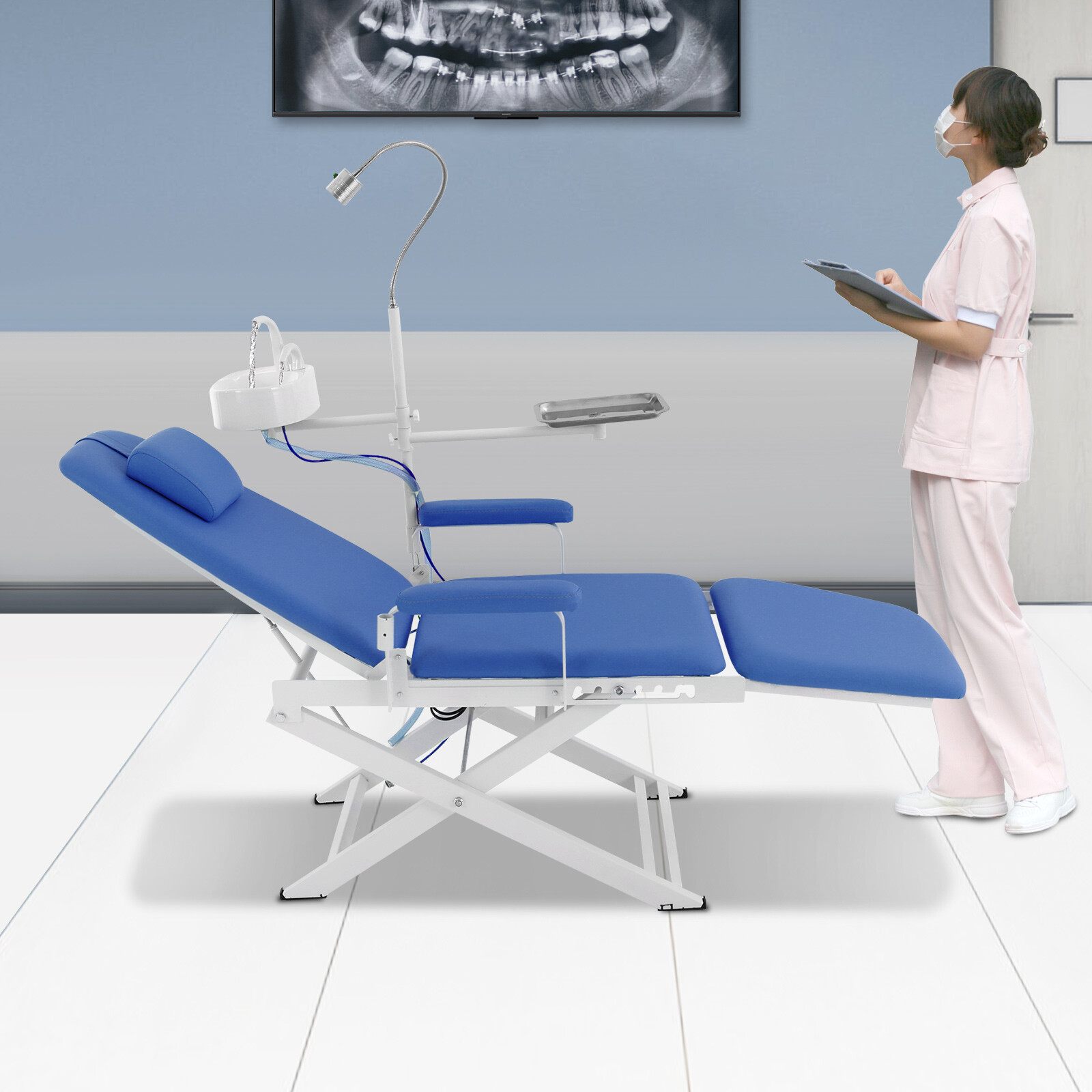 Portable Dental Folding Mobile Chair Tilt Bed With LED Light & Waste Basin 3W