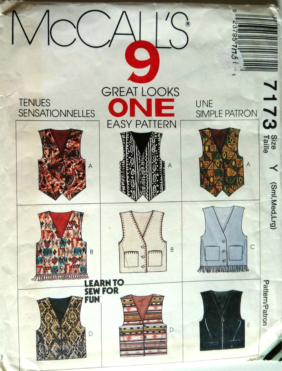 MCCALLS PATTERN 7173  VESTS  MISSES SIZES  SM  MED LARGE UNCUT  VINTAGE 1994  FF