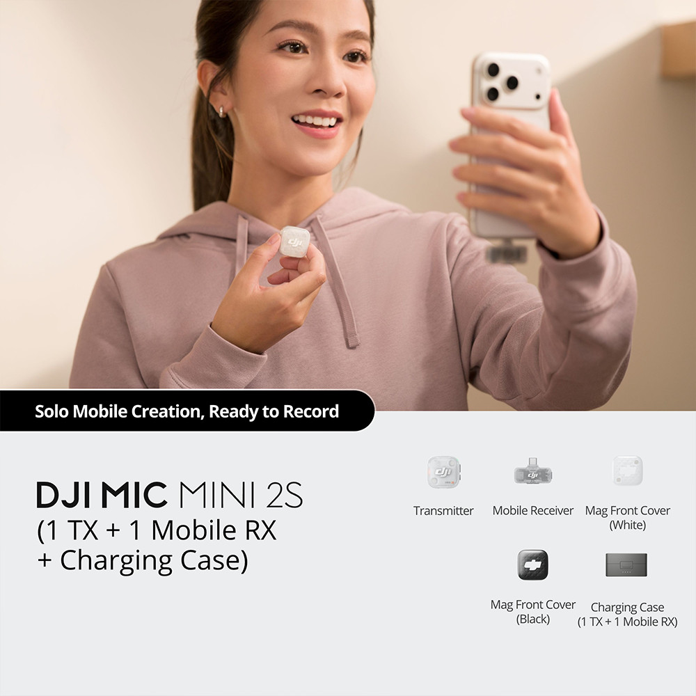 DJI Mic Mini 2S (1 TX +1 Mobile RX +Charging Case) – 32‑Bit Float, 28h Rec, 300m