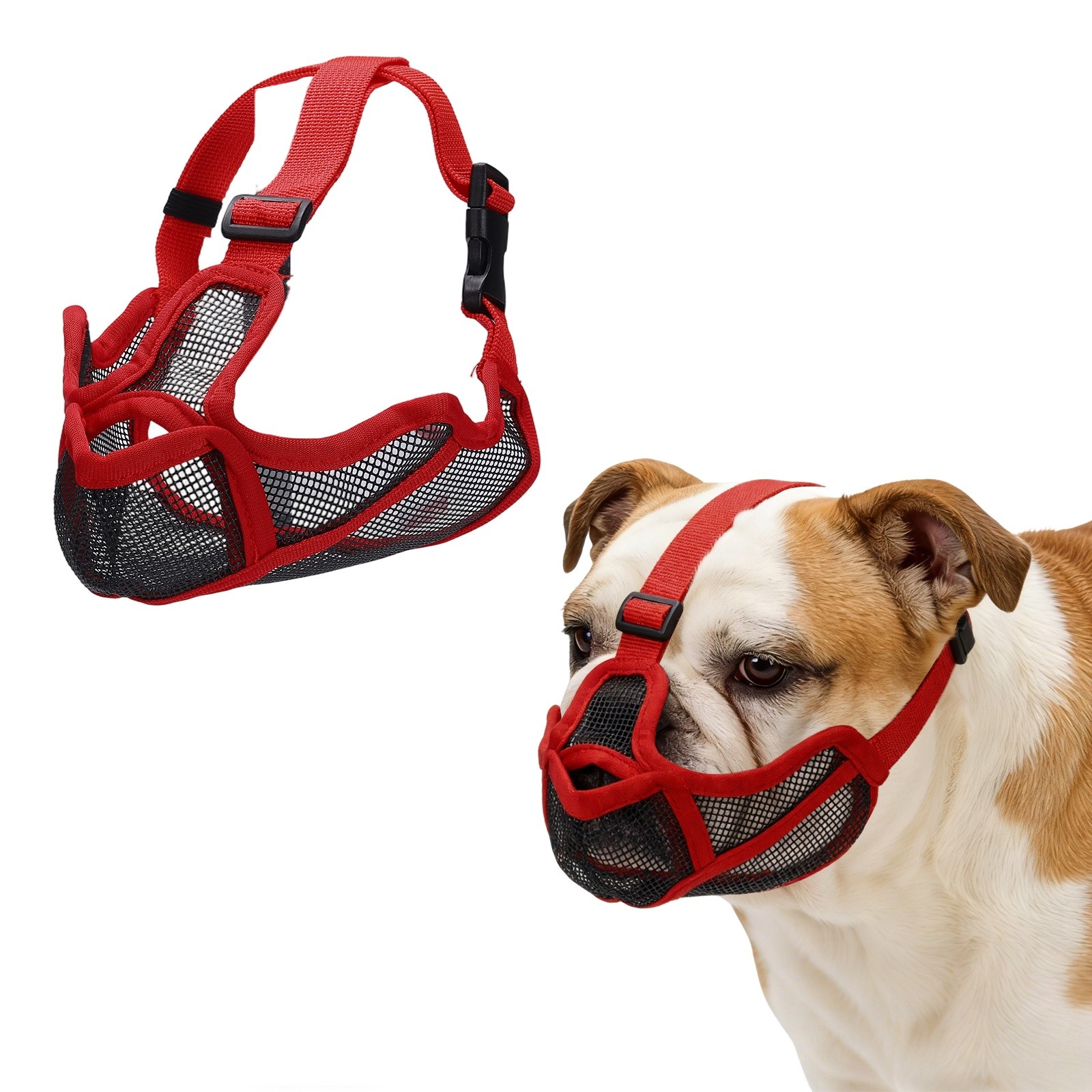 Short Snout Dog Muzzles, Adjustable Mouth Cover for Dogs ( S, Red )