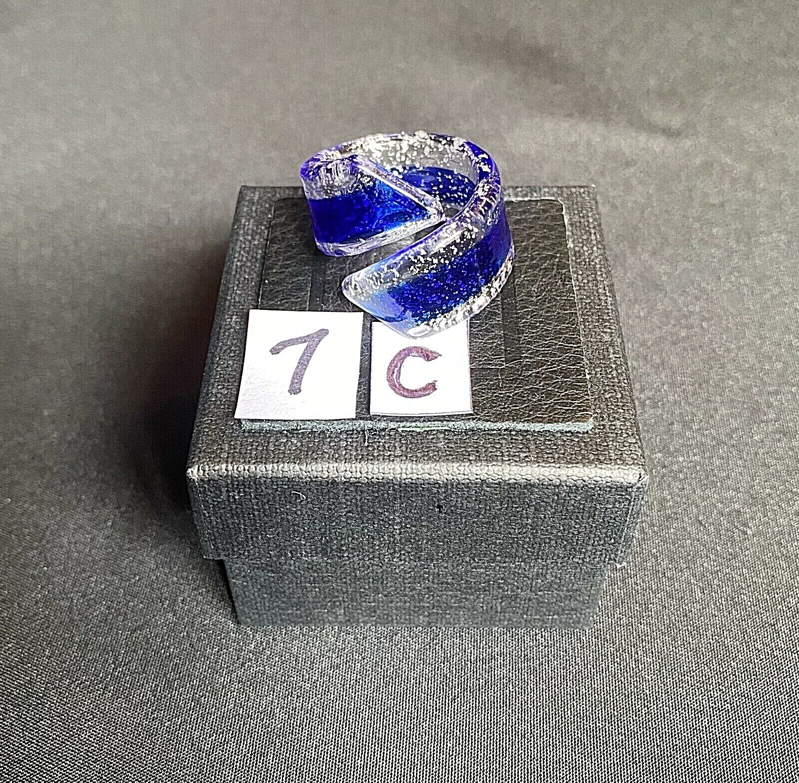 Clear & Blue Murano Glass Ring Silver Jewelry Mothers Day Gift Birthday Teacher
