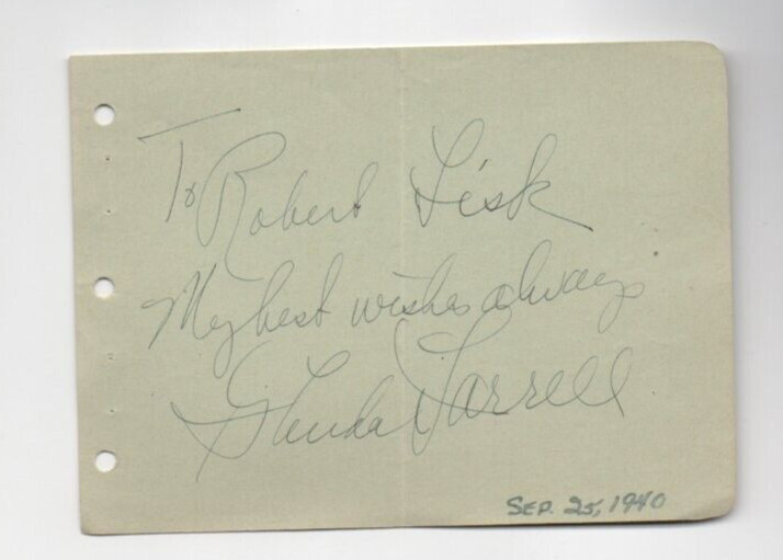 GLENDA FARRELL 4X6 AUTOGRAPHED ALBUM PAGE SIGNED IN INK & INSCRIBED