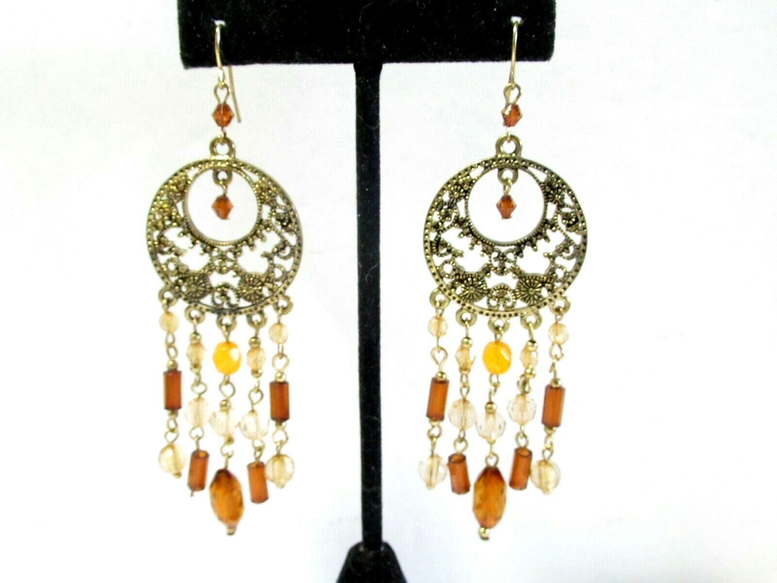 PIERCED EARRINGS LONG DANGLE OPEN WORK ROUND WITH 'BEADED METAL' VINTAGE