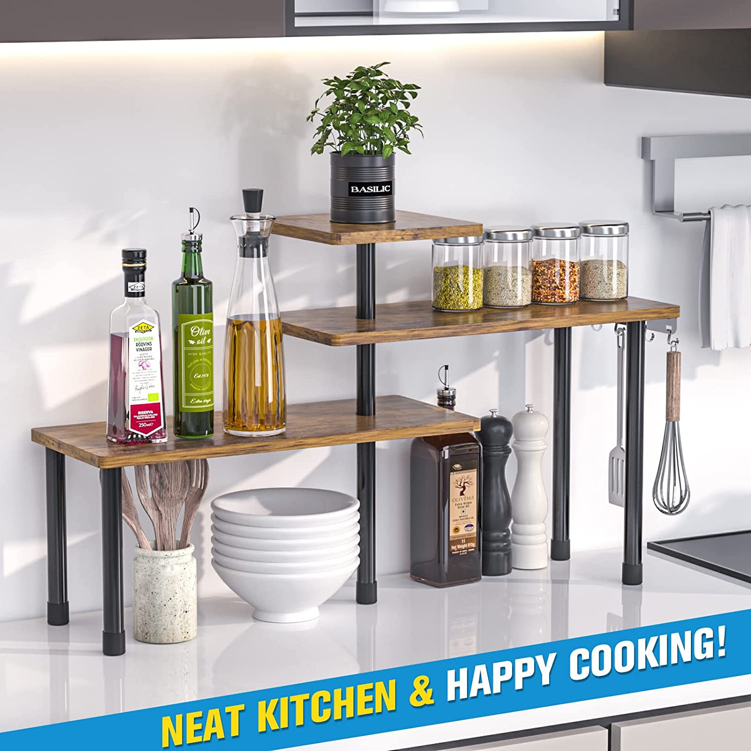 Kitchen Countertop Organizer 3-Tier Corner Shelf, Rustic Brown | Space-Saving Co