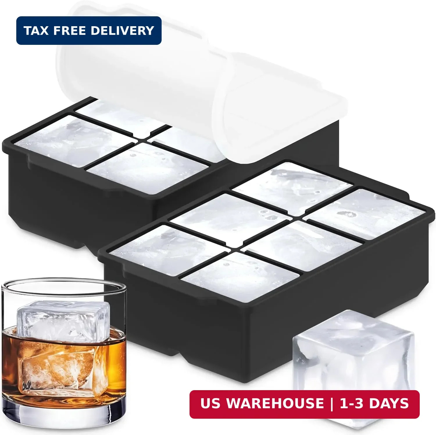 KitchFort® Large Silicone Ice Cube Tray (2-Pack) - 2" Big Ice Mold with Lid | Ea