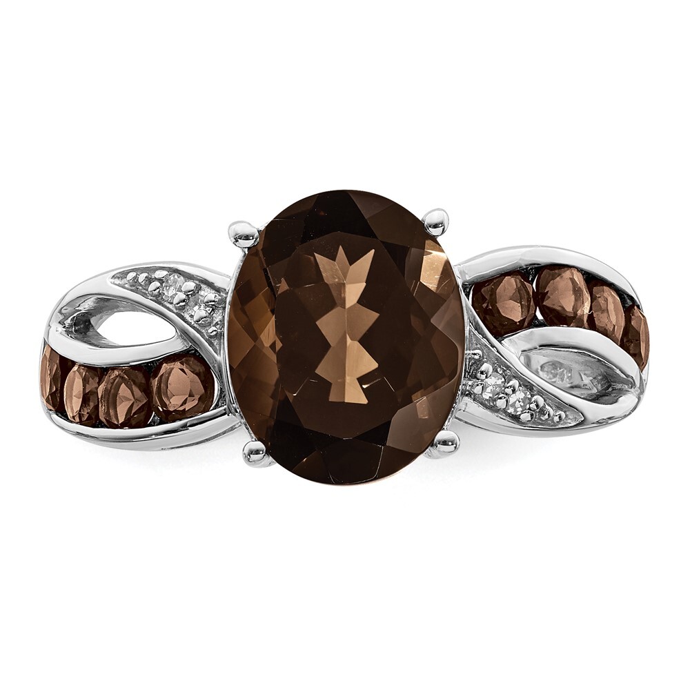 Sterling Silver Rhodium Diamond & Smoky Quartz Ring Size 5