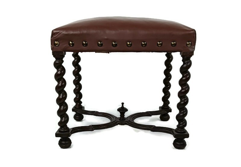 Antique Footstool Ottoman Barley twist Wood Foot Rest 20th century hobnails gorg