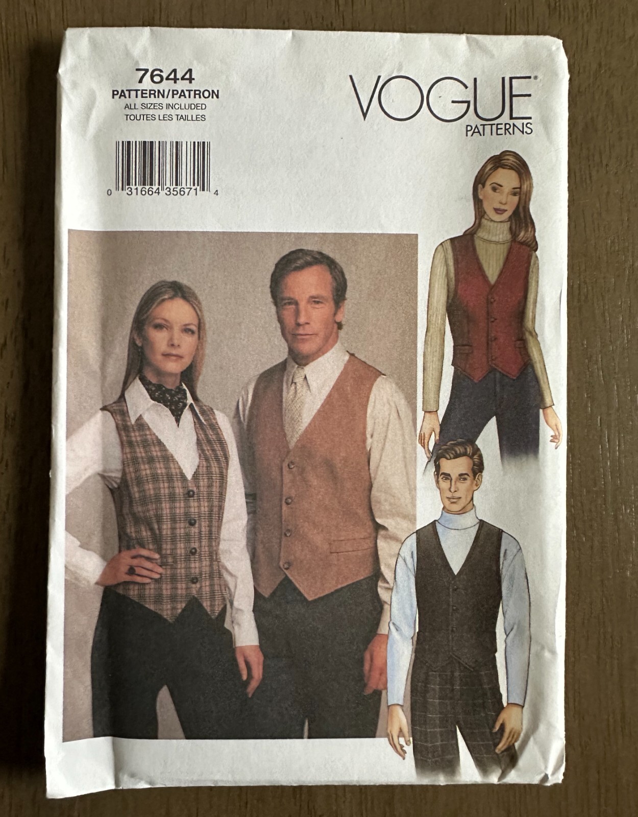 VOGUE 7644 Unisex Lined Vest Tie Ascot Pattern All Sizes XS-XL FF Uncut