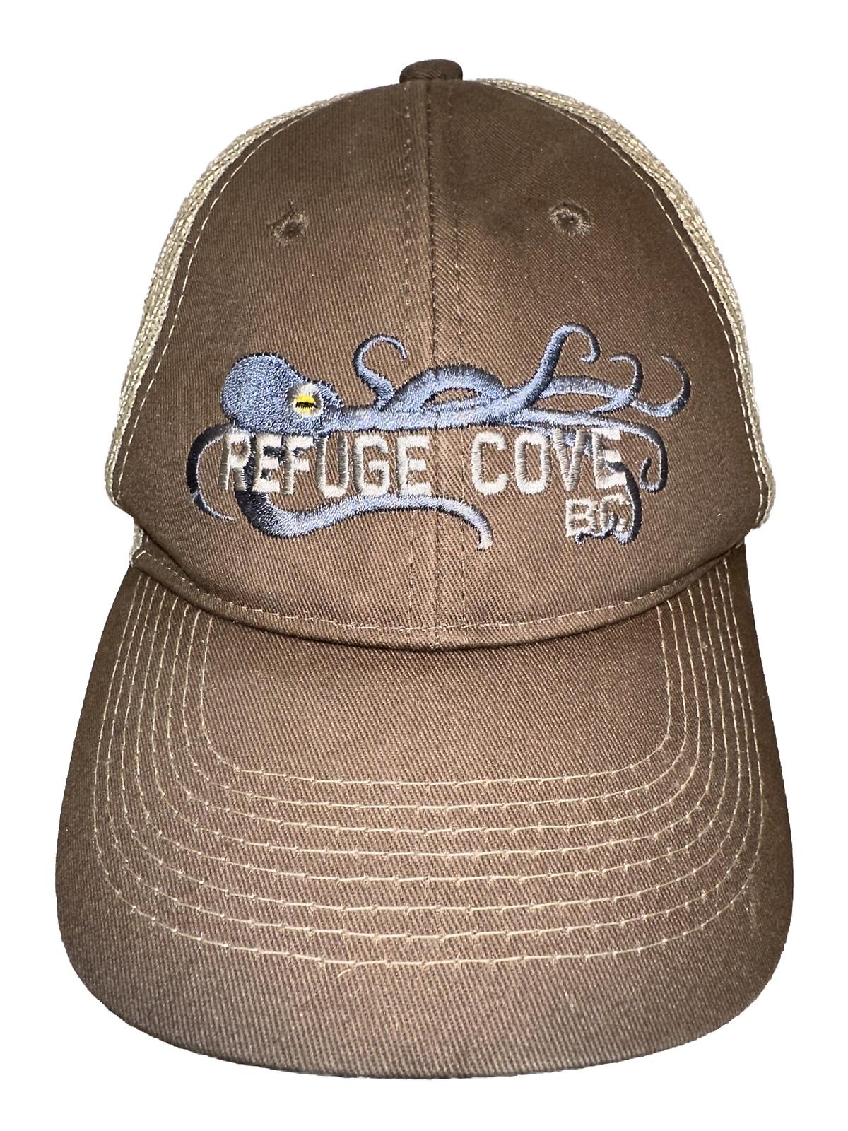 Refuge Cove BC Brown Tan Truckers Hat Cap Mesh Fabric Used Condition
