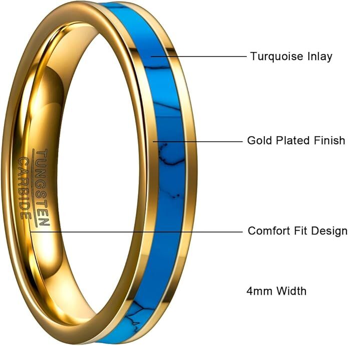 4mm Blue Turquoise Tungsten Ring for Women Men Fashion Wedding Band Comfort Fit