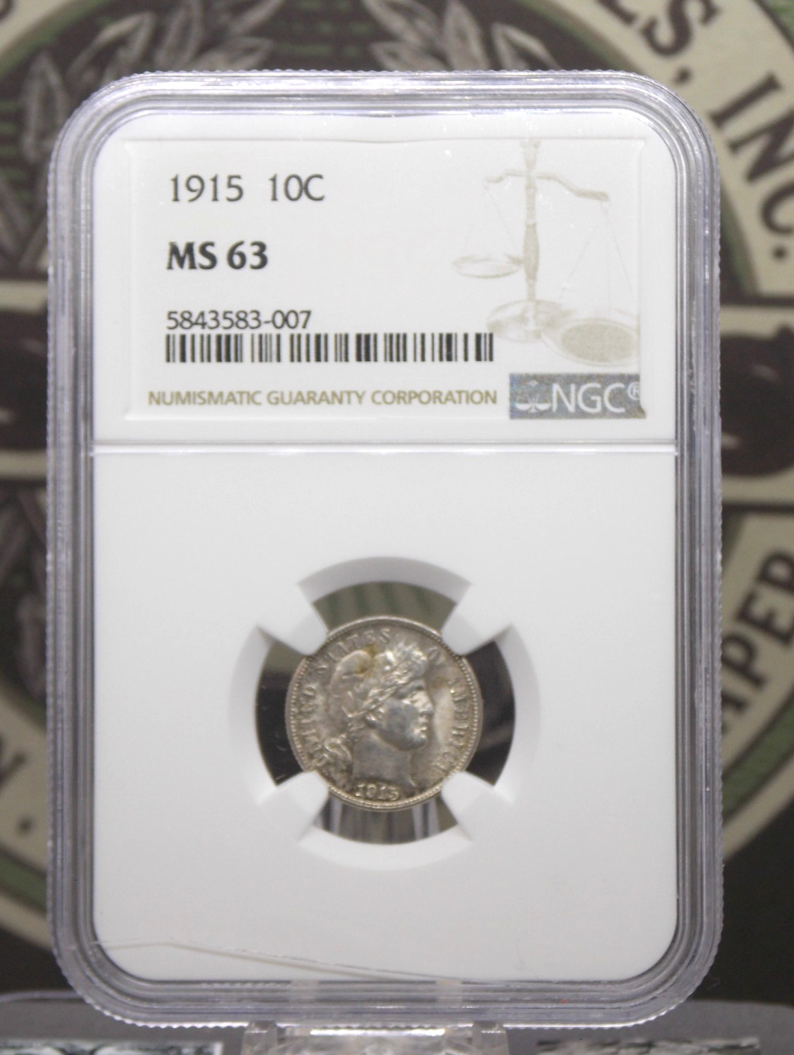 1915 "P" Barber SILVER Dime 10c NGC MS63 #007 Unc BU Uncirculated ECC&C, Inc.