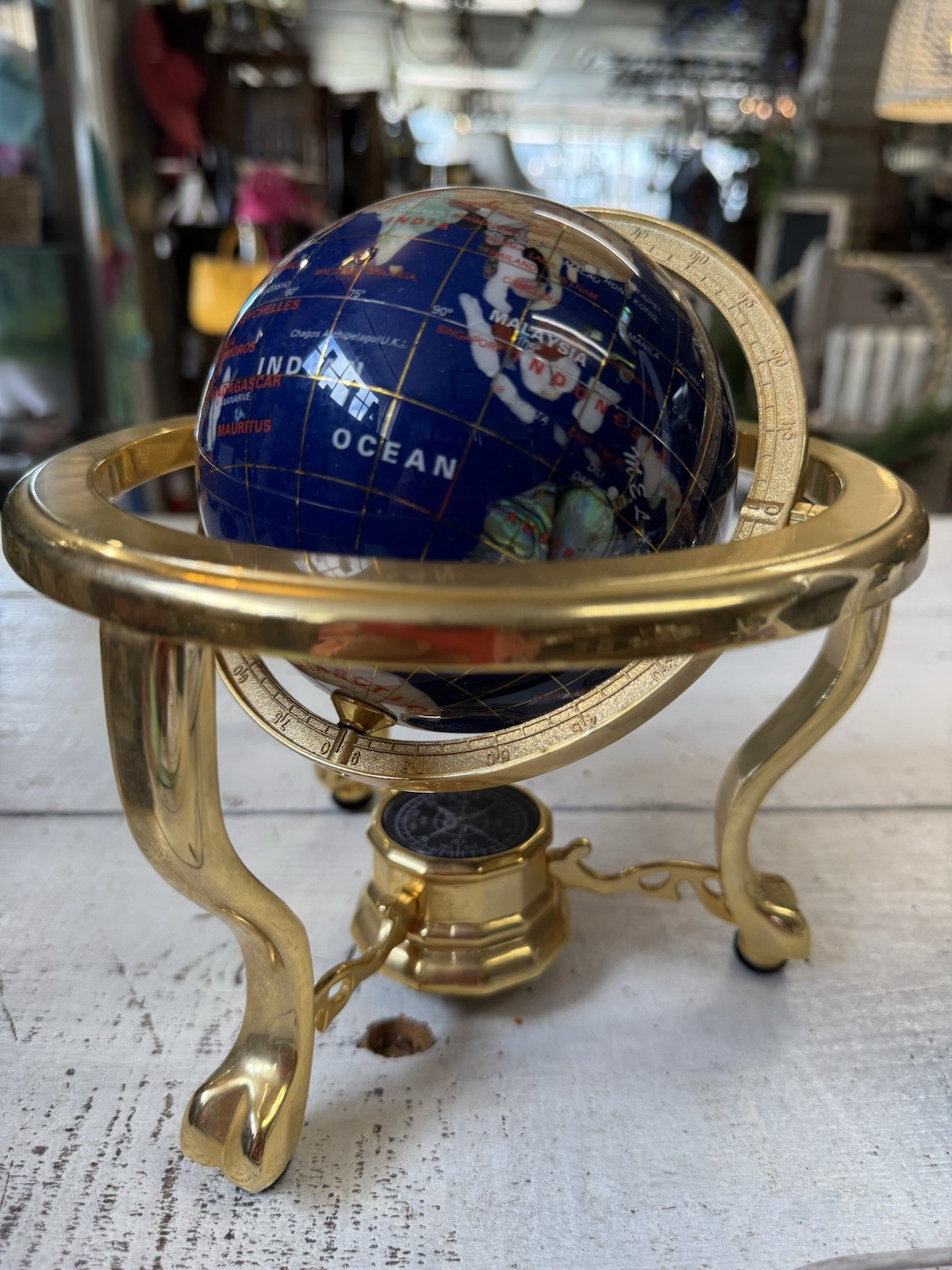 Gold Brass Table Top World Globe W/Gemstone Inlay And Compass