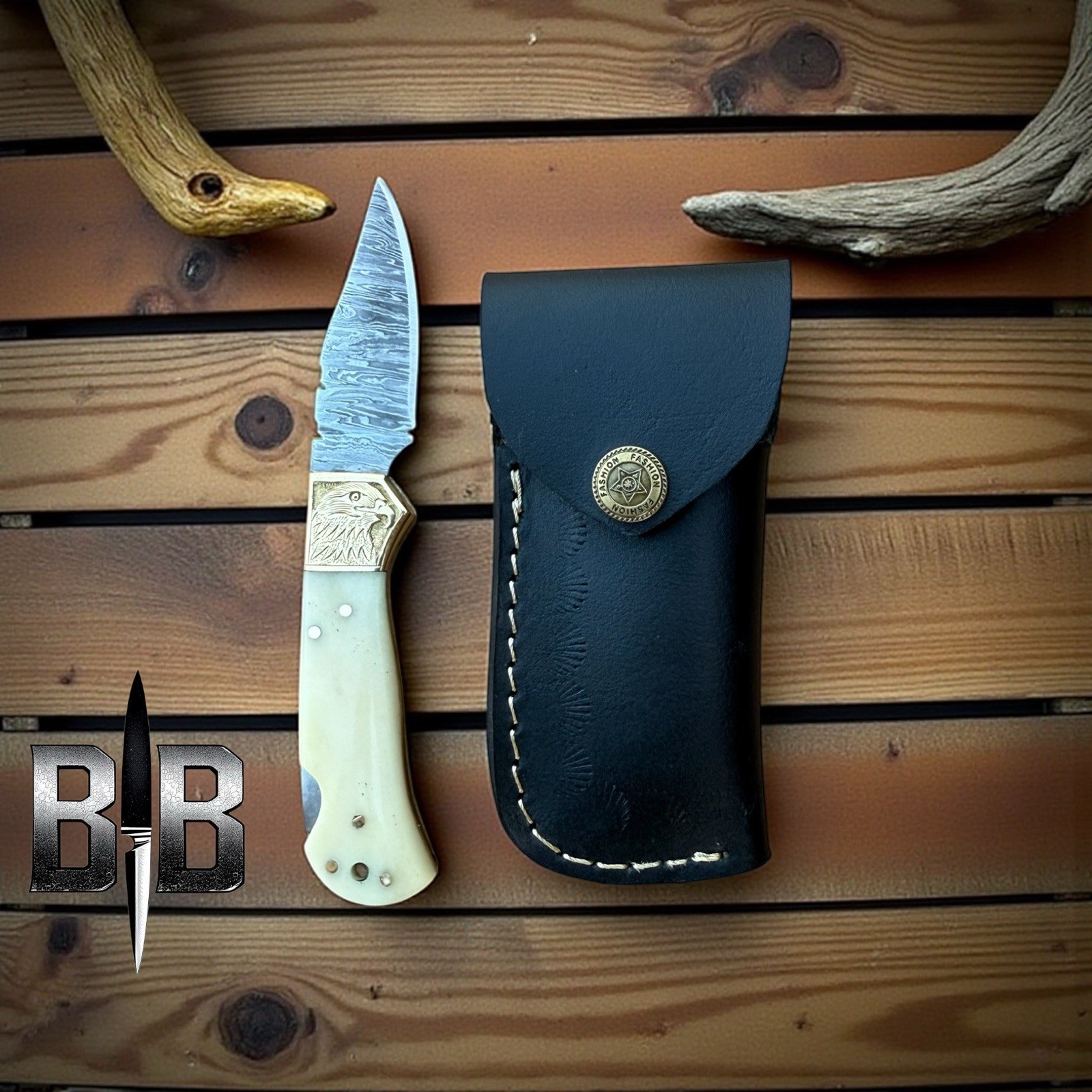 ✅ Custom Forged Damascus Folding Knife Camel Bone Handle pocket knives