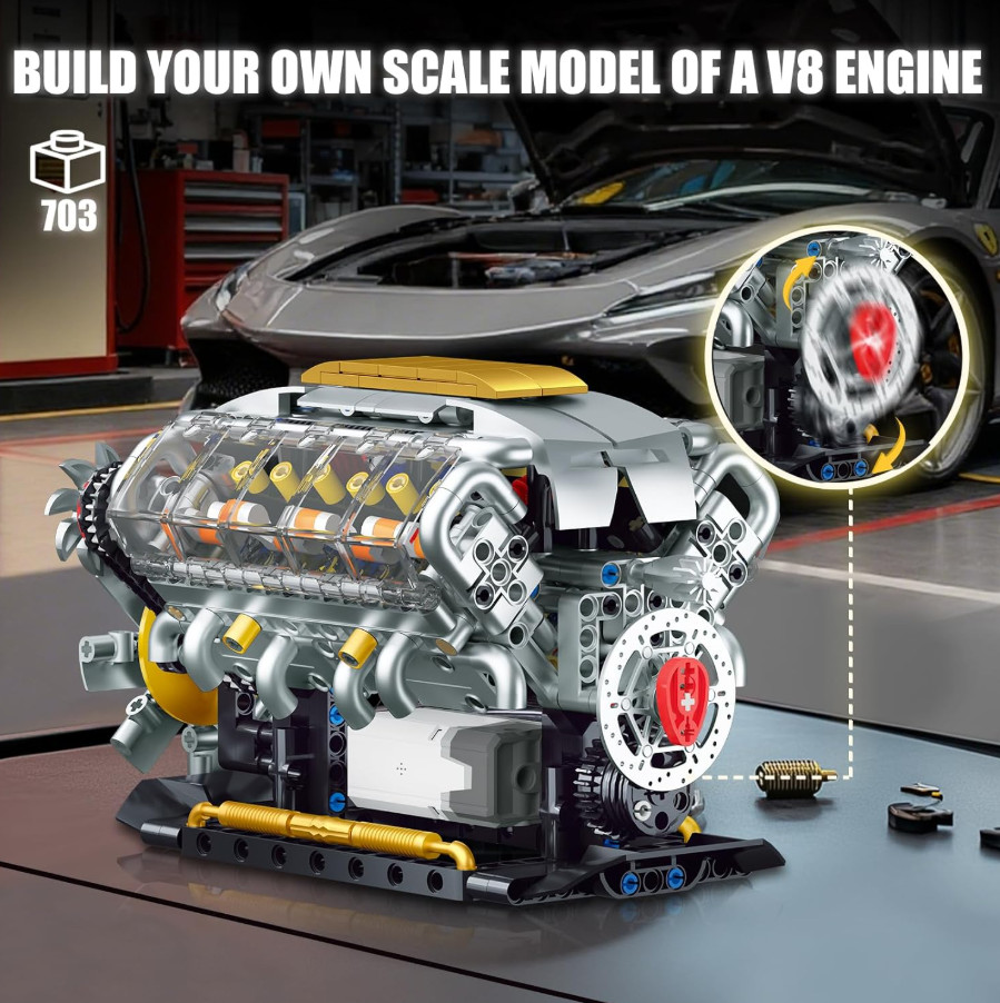 DIY V8 Engine Model Kit USB Powered Running Visible Motor STEM Toy 703PCS Gift