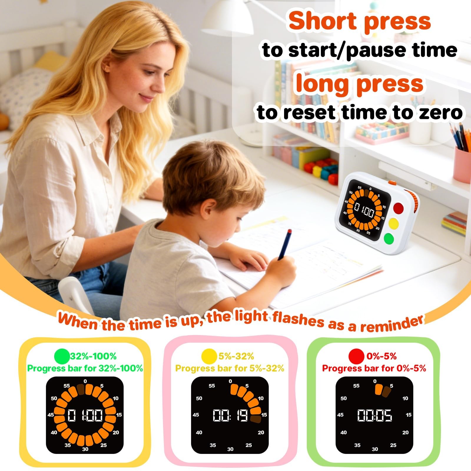 Digital Visual Timer for , with Coloured Progress bar, 60-Minute Countdown an...