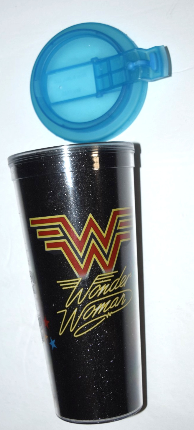 "WONDEWR WOMAN," Black/Red/Yellow Plastic Logo Tumbler (8" Tall, 16 OZ) New