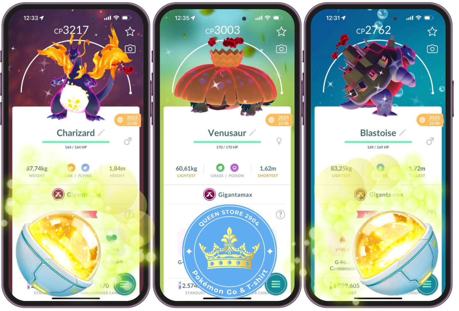 PTC GO—TRADE—Shiny Gigantamax Charizard — Venusaur — Blastoise— Level 50—Digital