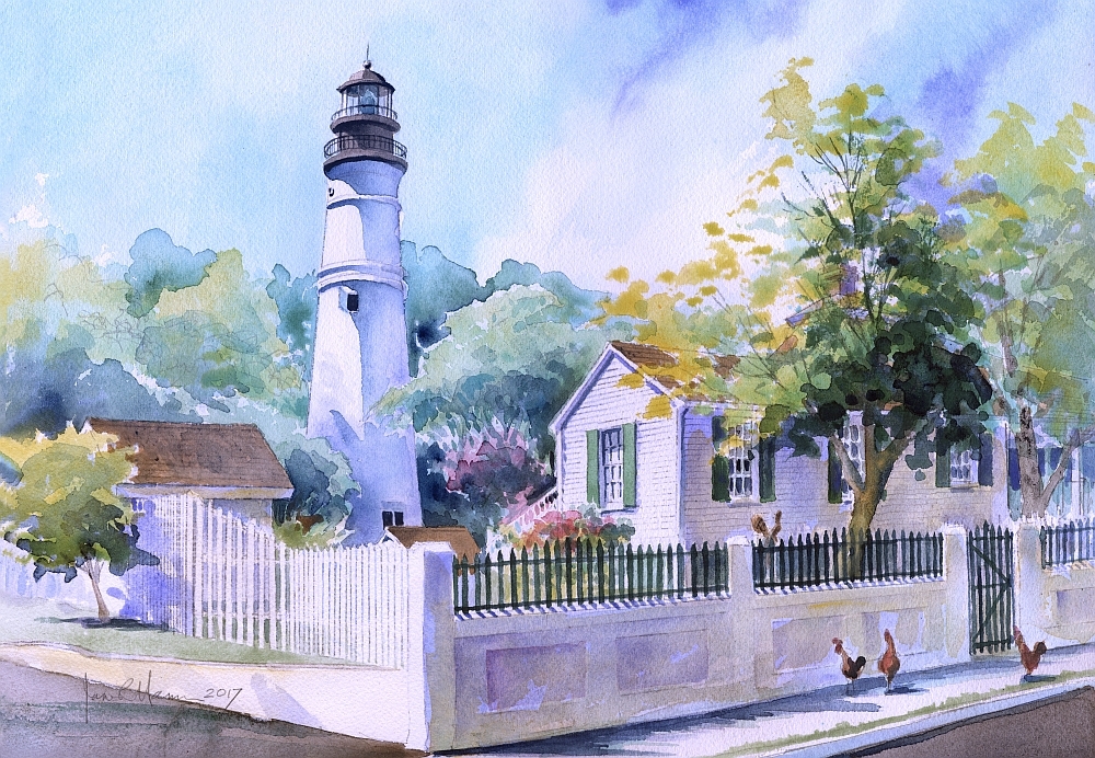 Key West Lighthouse, Keepers House & Roosters, Florida. James Mann Art Notecards