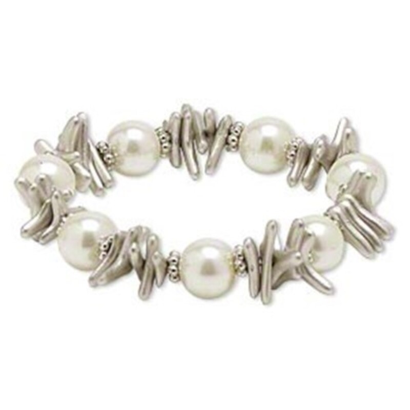 Edgy Silver and White Glass Pearl Baroque Stick Beads Stretch Bracelet