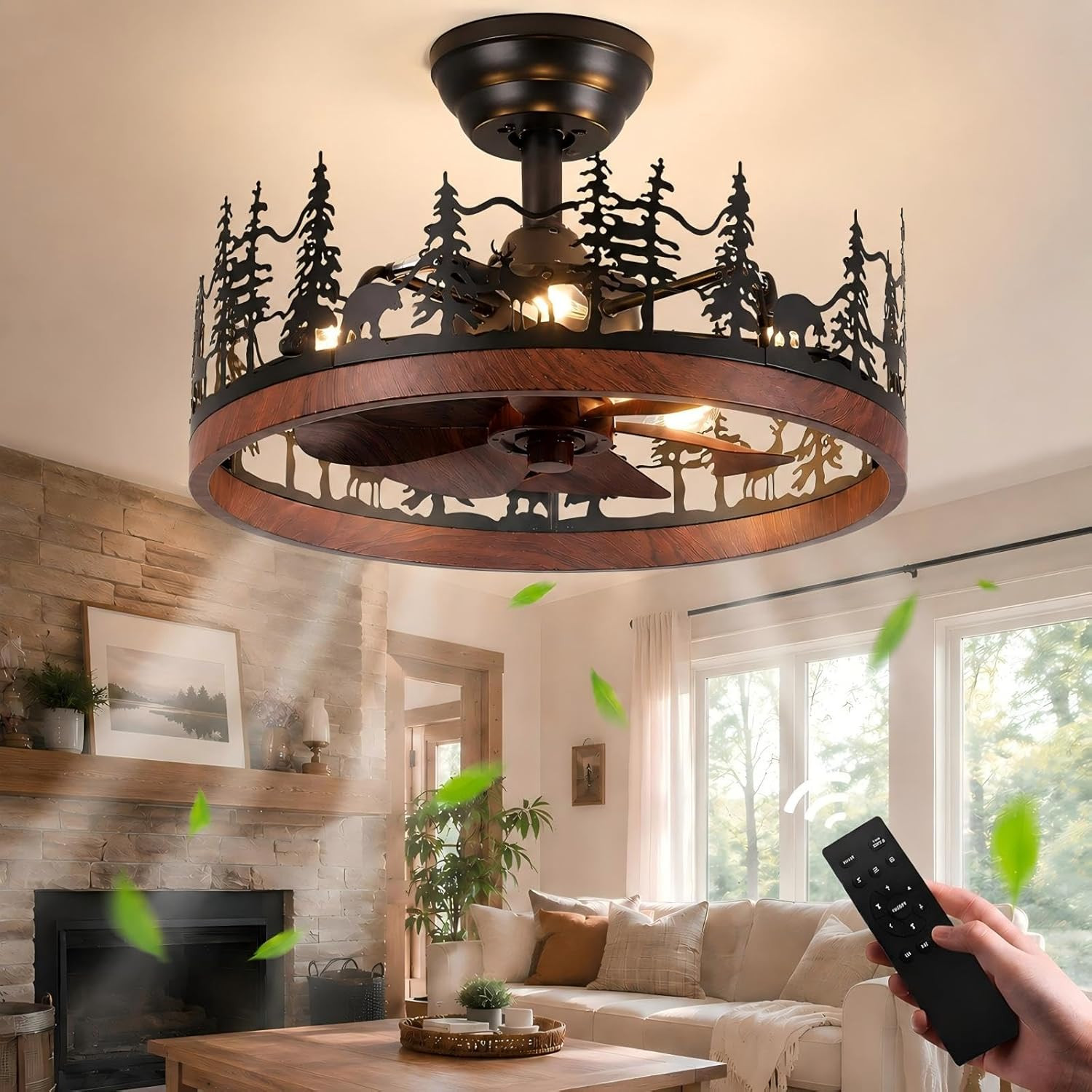 21 Inch Farmhouse Rustic Ceiling Fan with Light and Remote | Vintage Bladeless R