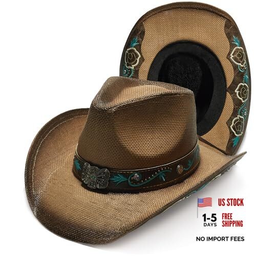 YOUBADU Western Straw Cowboy and Cowgirl Hats One Size-Large Embroidery Brown