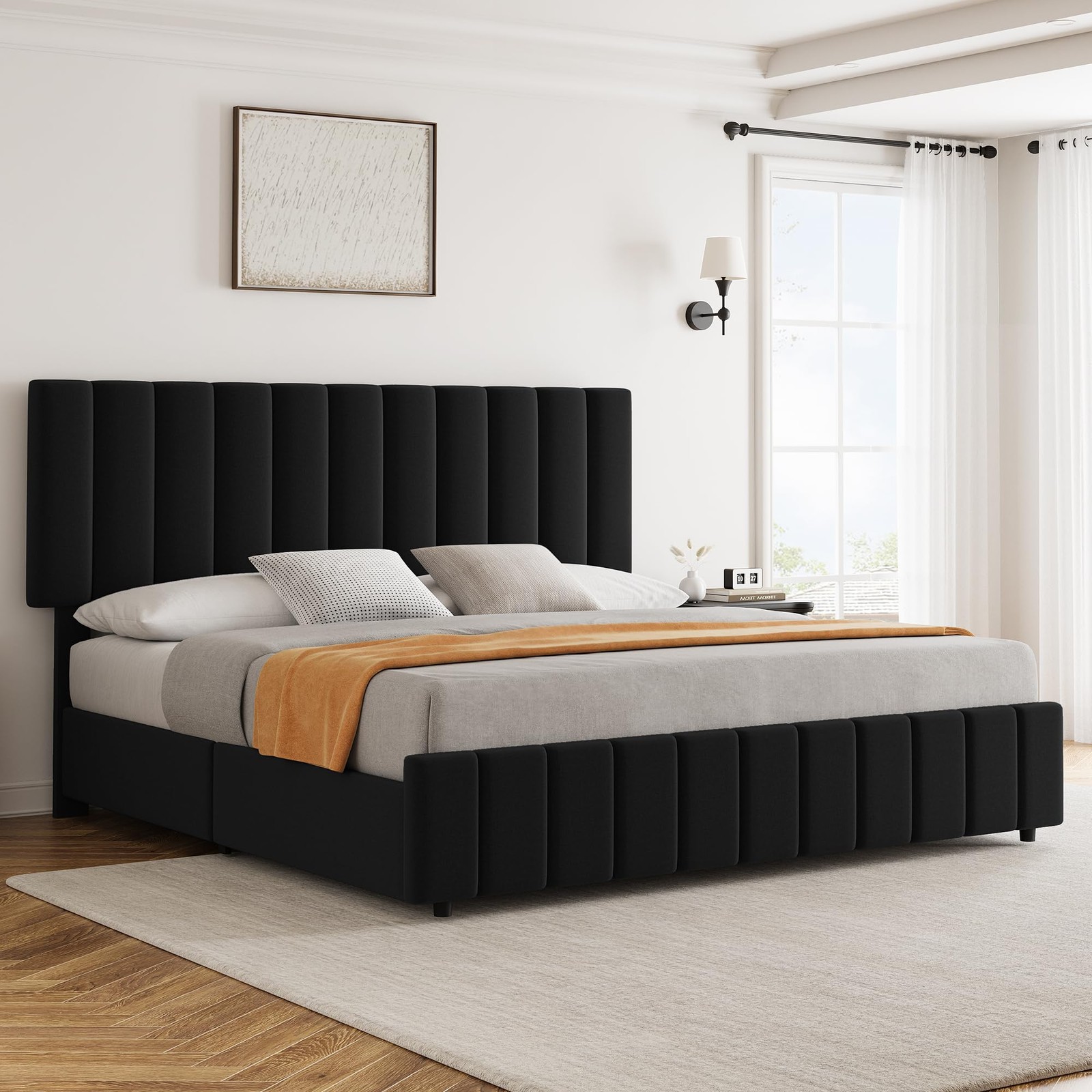 Bed Frame Queen Size with 4 Drawers Modern Linen Upholstered Platform