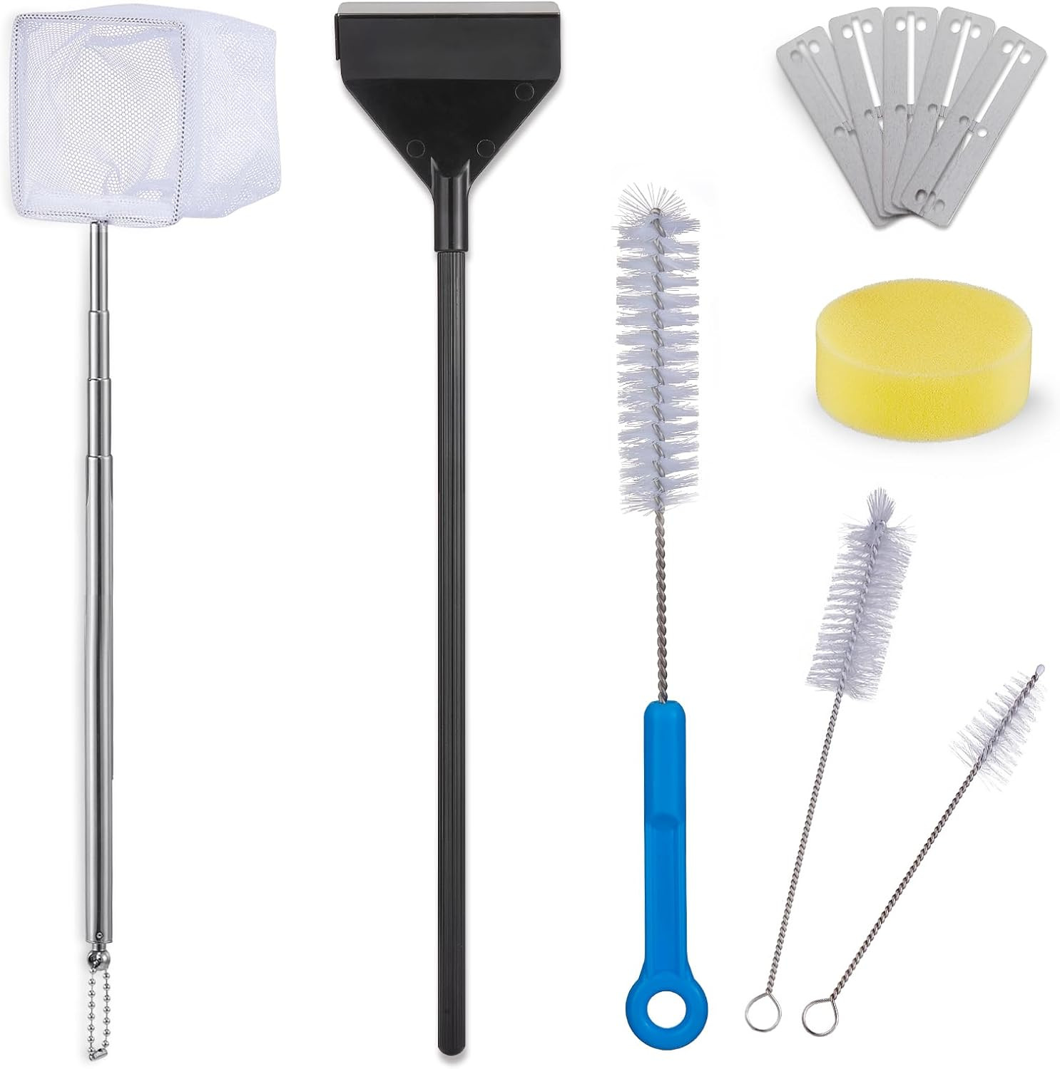Kit Limpieza Acuario 7 en 1 con Rascador Algas Red Esponja Cepillo y Mango