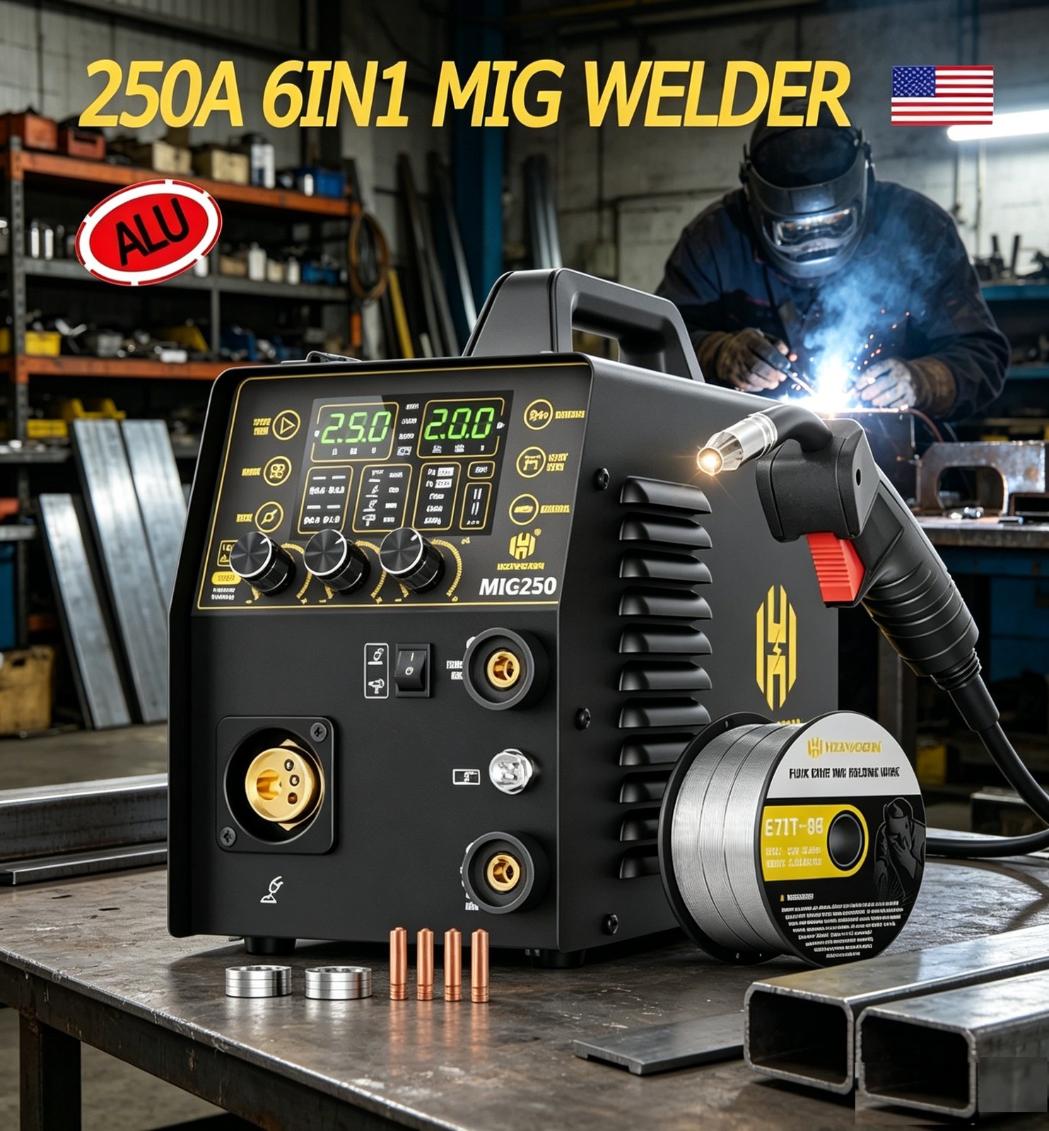 HZXVOGEN Aluminum MIG Welder Welding Machine 6 in 1,110/220V 250A Dual Voltage