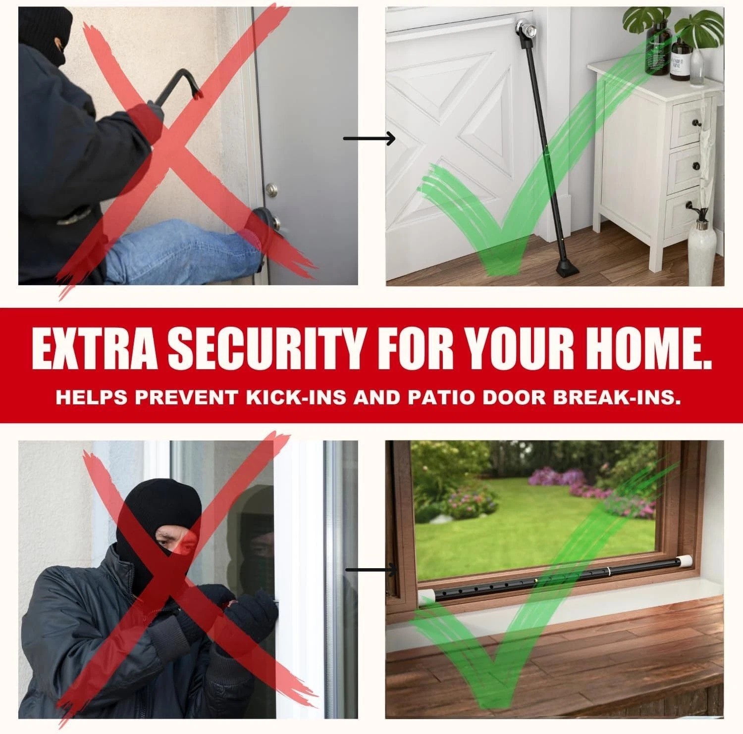 2-in-1 Door Security Bar Set - Heavy Duty Iron Construction
