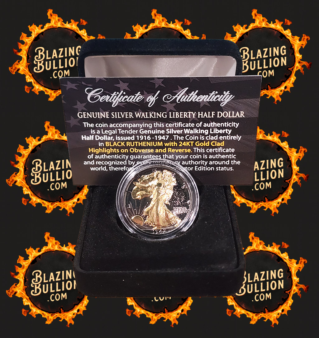 1942 Walking Liberty Silver Half Dollar 24kt Gold & Black Ruthenium Edition