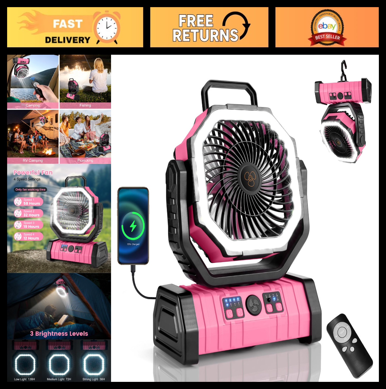 30000mAh Rechargeable Camping Fan & LED Lantern, Oscillating Tent Fan with Remot